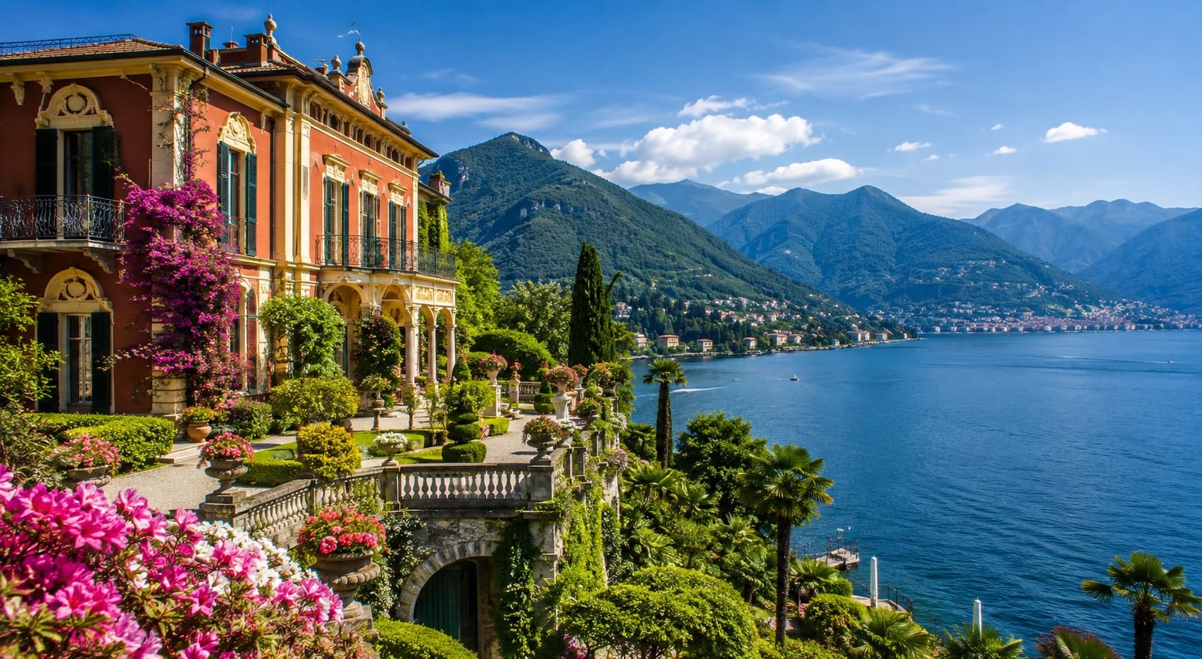 Historic villa with a terraced garden in bloom overlooking Lake Como
